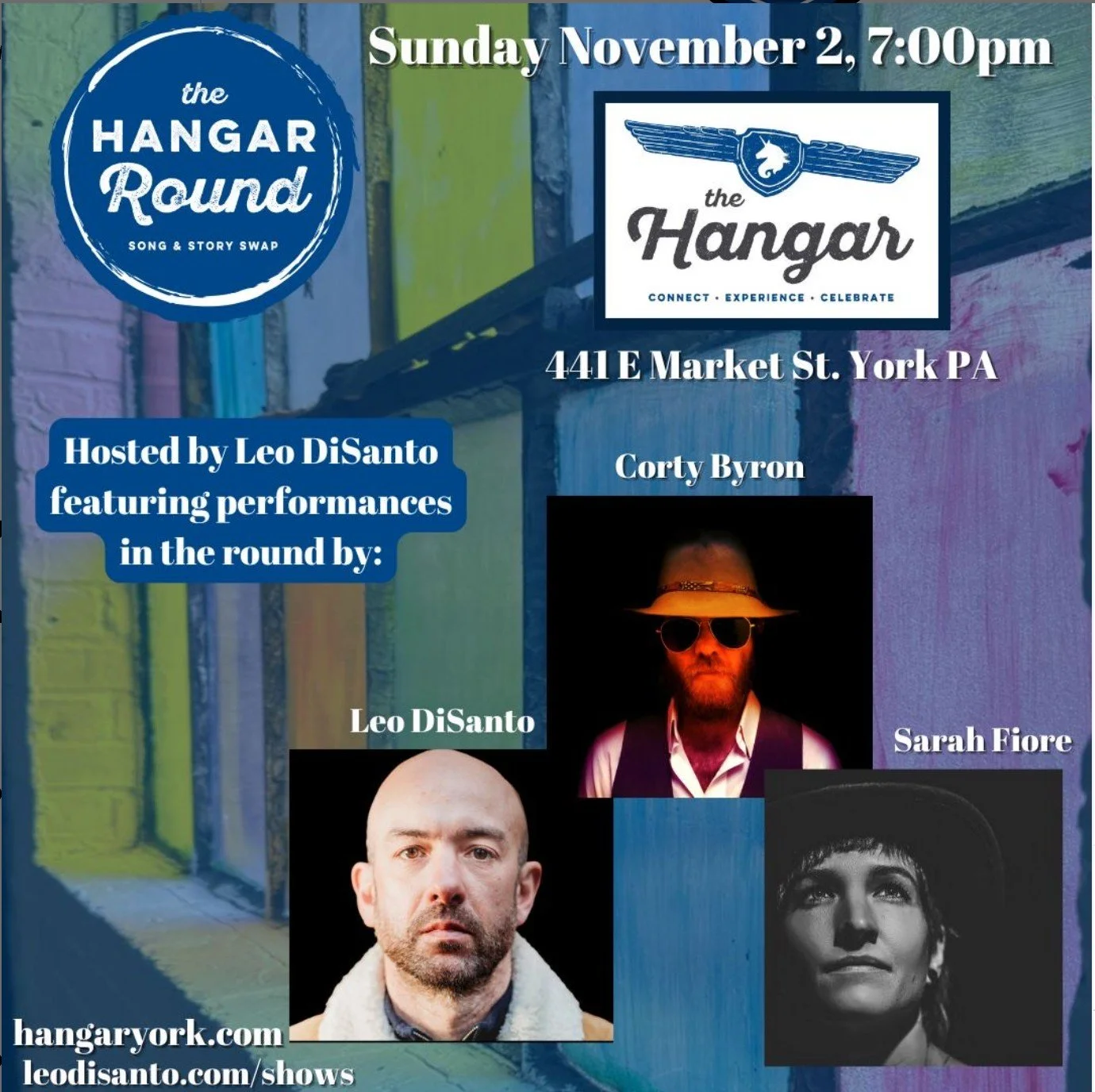 🎶 The Hangar Round – Nov. 2nd | 7 PM
Hosted by Leo DiSanto
Experience live music in the round at The Hangar, York PA’s intimate new event venue. This concert series showcases regional and touring songwriters, giving you a true listening