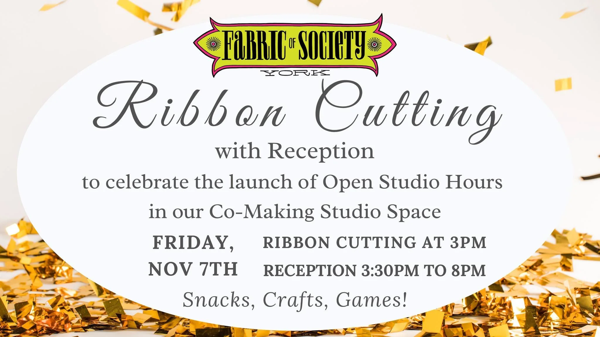 Come celebrate the launch of Fabric of Society&rsquo;s Open Studio Hours with a ribbon cutting and reception!
📍 Suite 6206 | New York Wire Works
📅 November 7 | 3&ndash;8 PM

Join us for an afternoon of creativity, community, and celebration. Explor