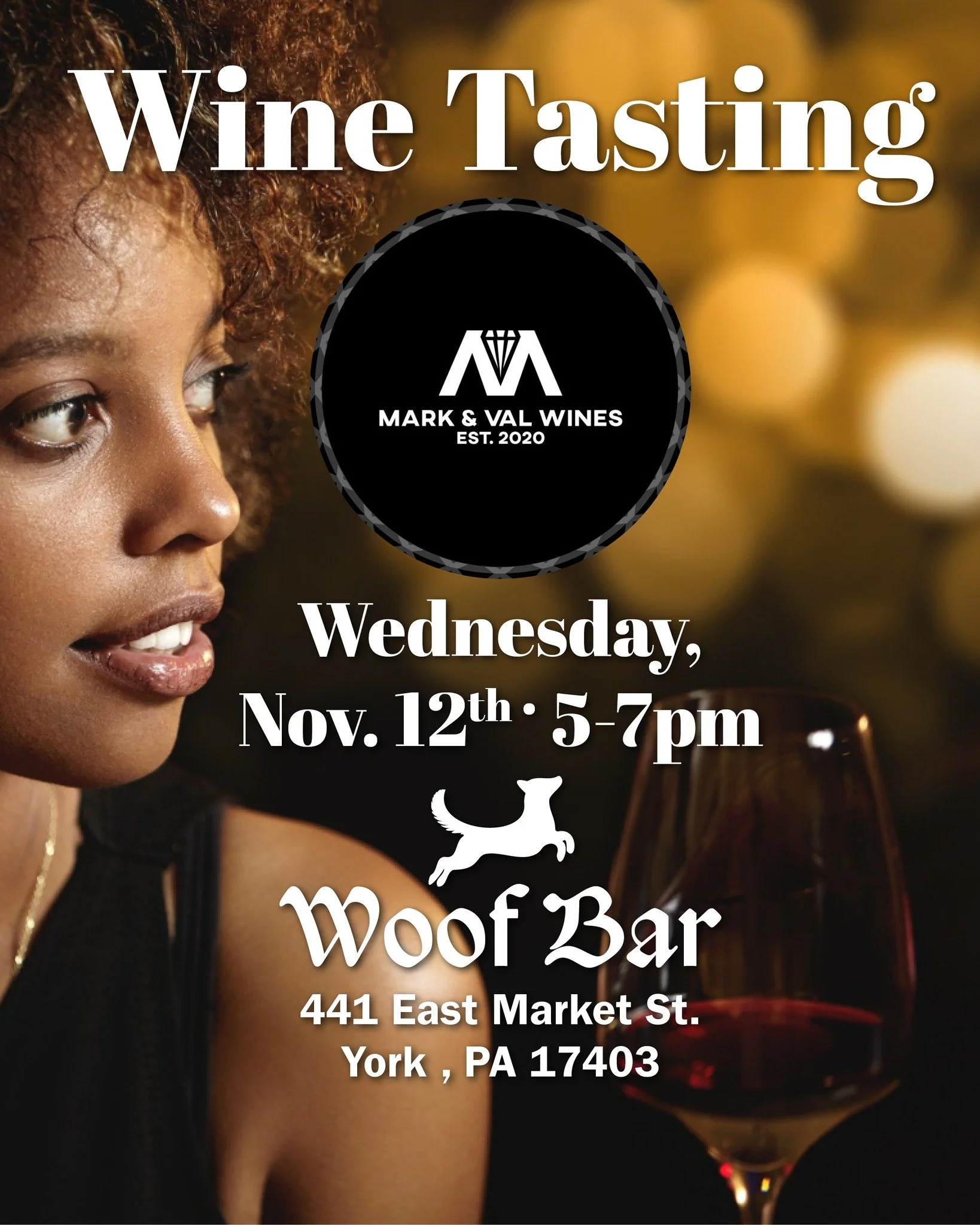🍷 Wine Tasting at Woof Bar 🍷
Join us on Tuesday, November 12th from 5&ndash;7 PM for a special evening with the folks behind Mark &amp; Val Wines &mdash; Woof Bar&rsquo;s wine of choice!

✨ Meet the makers. Sip the story.
Mark &amp; Val Wines celeb