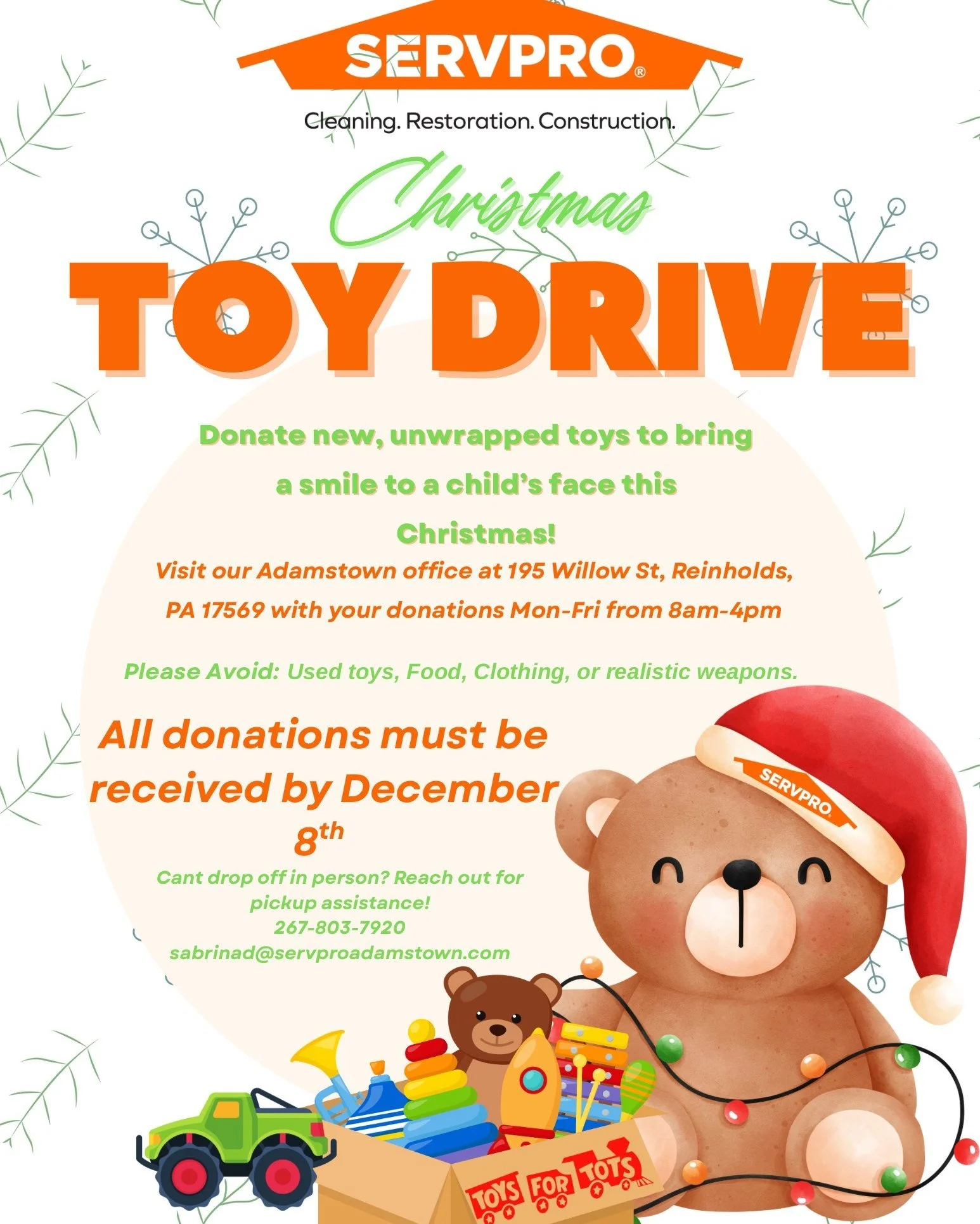 Servpro of Reading Township, York City is collecting Toys For Tots and has a box located right inside our Market St. entrance. They will be collecting toys until December 8th. Please make sure they are new &amp; unwrapped. @everyone