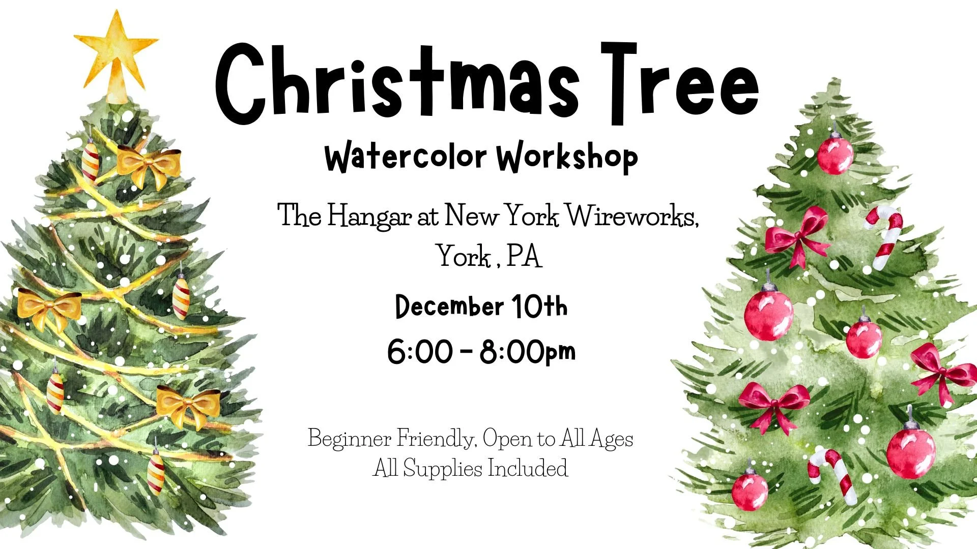 Christmas Tree Watercolor Workshop
December 10th 6pm-8pm
🎟️: https://bit.ly/3X6sTxt
Come paint a beautiful Christmas tree in watercolor with Owlfeathers Watercolor. This beginner friendly workshop will be a mix of small group and one-on-one instruct