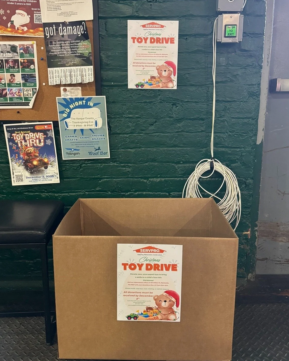 Servpro of Reading Township, York City is collecting Toys For Tots and has a box located right inside our Market St. entrance. They will be collecting toys until December 8th. Please make sure they are new &amp; unwrapped. You have a few more days to