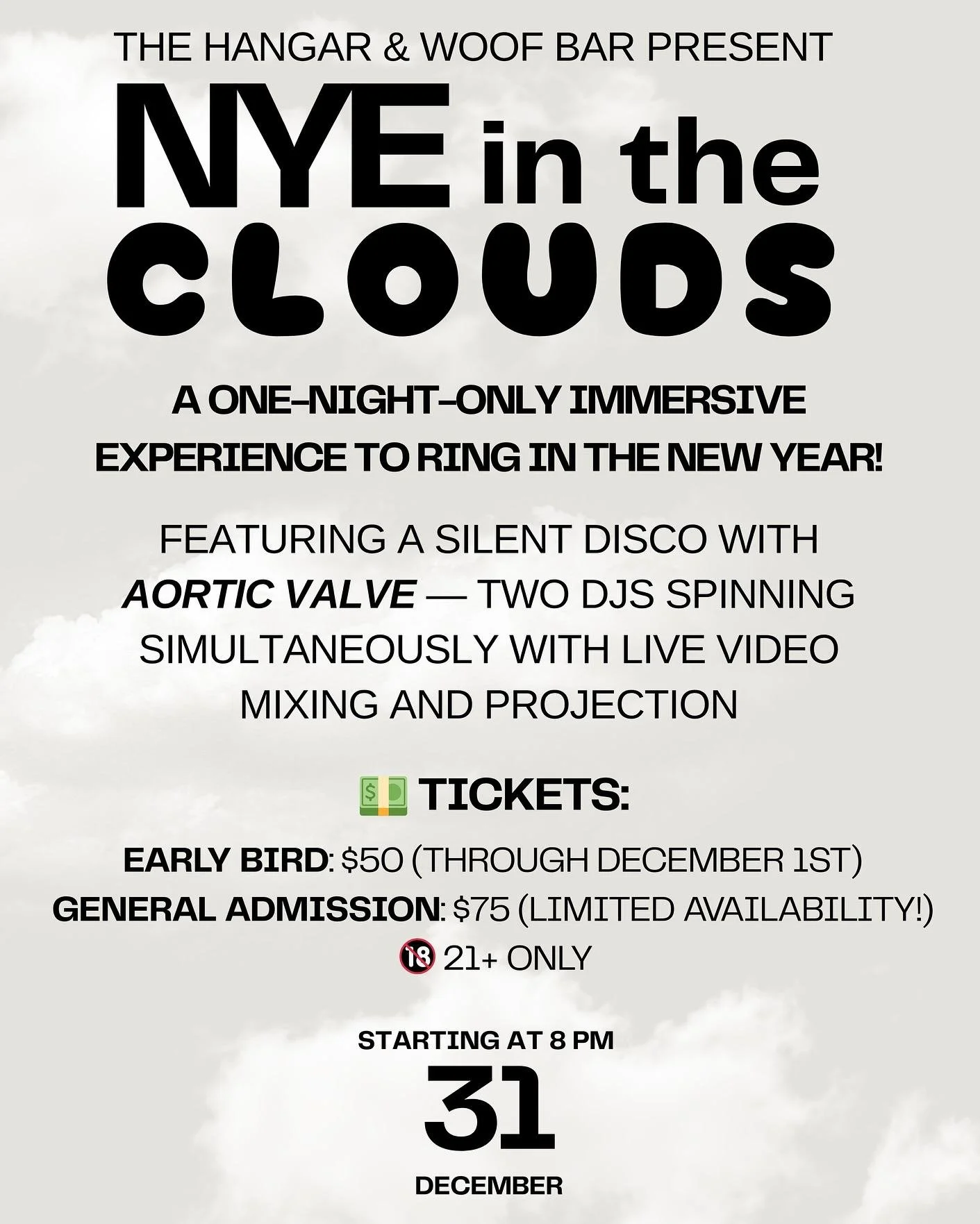 ☁️ NYE In The Clouds 🥂
Get ready for an unforgettable New Year's Eve! The Hangar &amp; Woof Bar are hosting NYE In The Clouds&mdash;a one-night-only, immersive experience to ring in the new year AND mark The Hangar&rsquo;s final event their current 