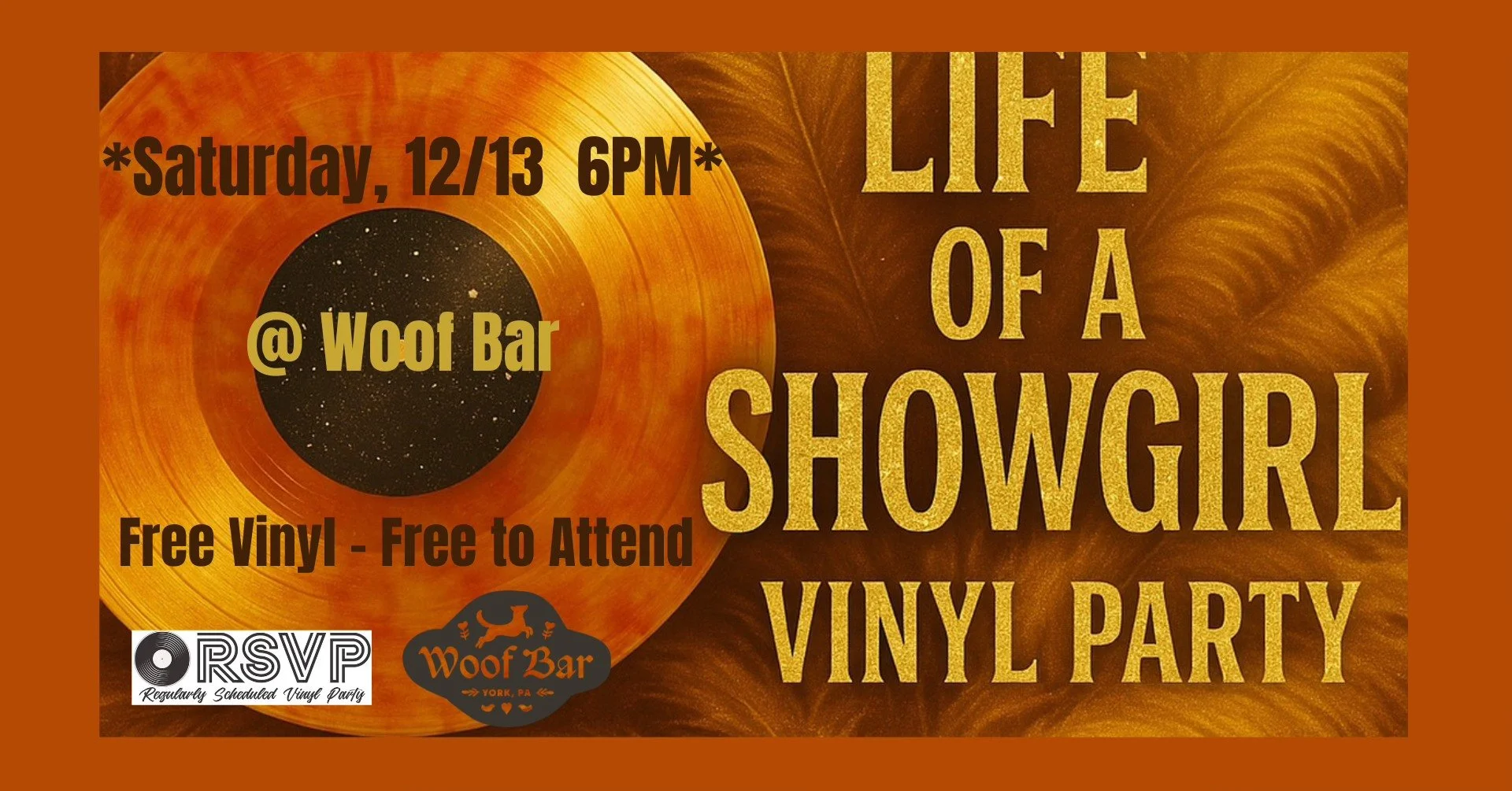 🎶 Vinyl Party: Life of a Showgirl
Saturday, December 13 | 6 PM
Time to grab some drinks and hear some tunes at the New York Wire Works!

Join Woof Bar  for a vinyl listening party celebrating Taylor Swift&rsquo;s newest album: The Life of a Showgirl