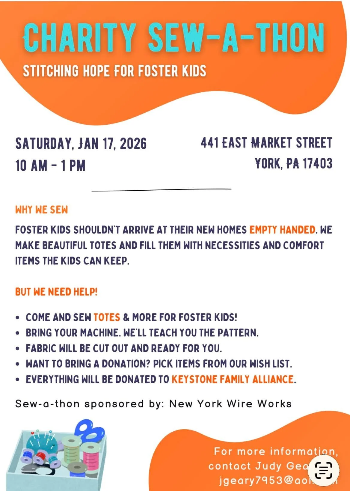 Charity Sew-a-thon Stitching Hope For Foster Kids January 17th. There is a drop off box in our lobby if anyone would like to donate any of the items on the flyer to fill the bags being sewn on January 17th. There are still a couple of seats left for 