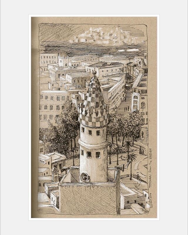 Tetouan from the Kasbah - diggin&rsquo; this unique tile-topped minaret ... and the gorgeous view of this town that has become my family&rsquo;s home.
.
.
#carbonink on #strathmoretonedtan w/ #prismacolorwhite #tetouan #primoplaza #feddanparktetouan 