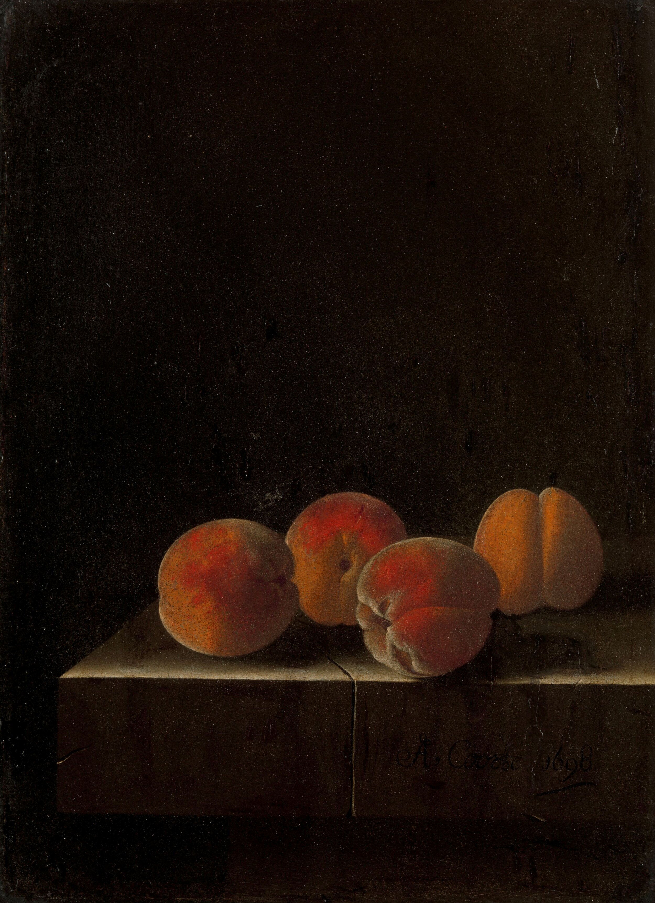 Four Apricots on a Stone Plinth, Adriaen Coorte, 1698