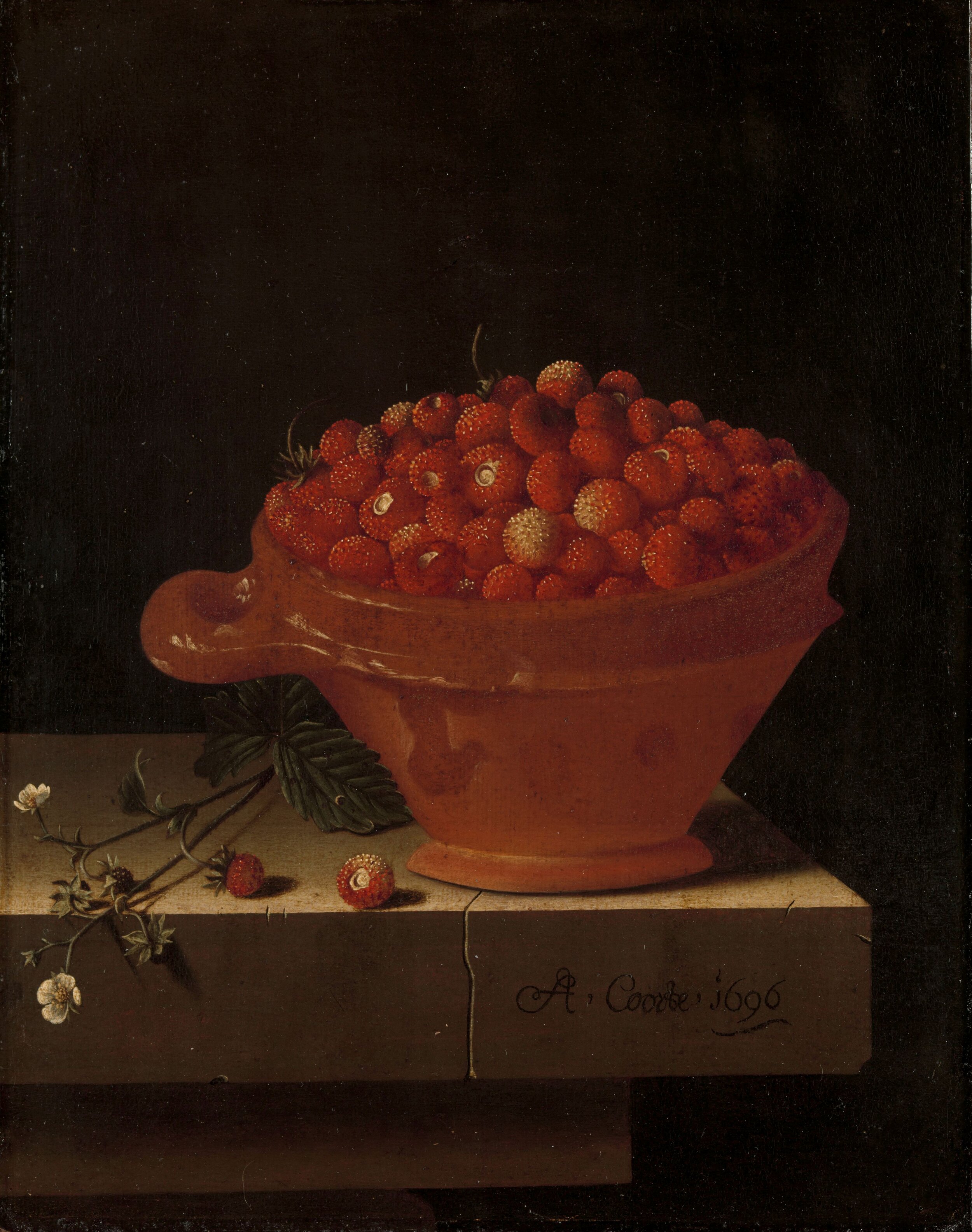 A Bowl of Strawberries on a Stone Plinth, Adriaen Coorte, 1696
