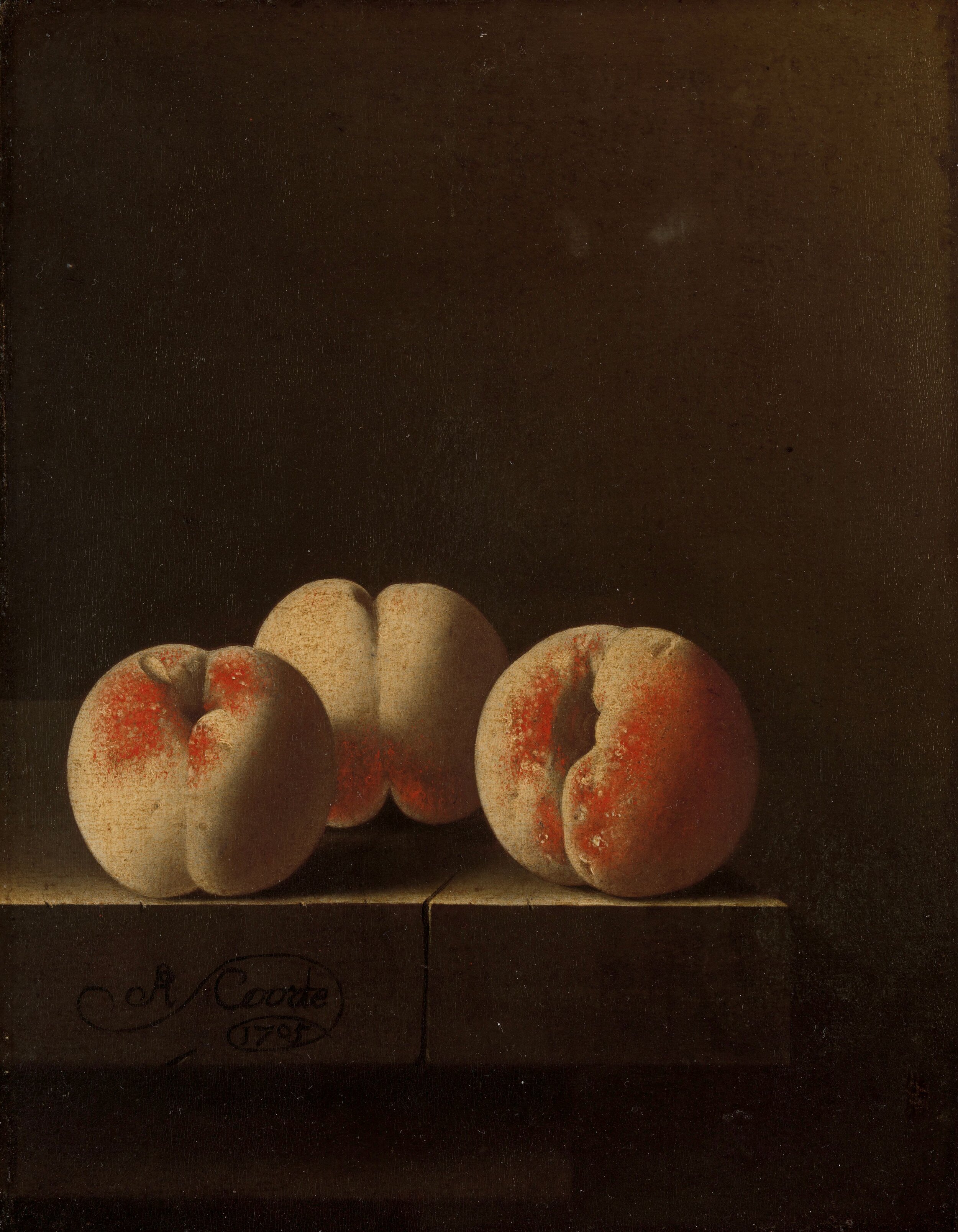 Three Peaches on a Stone Plinth, Adriaen Coorte, 1705