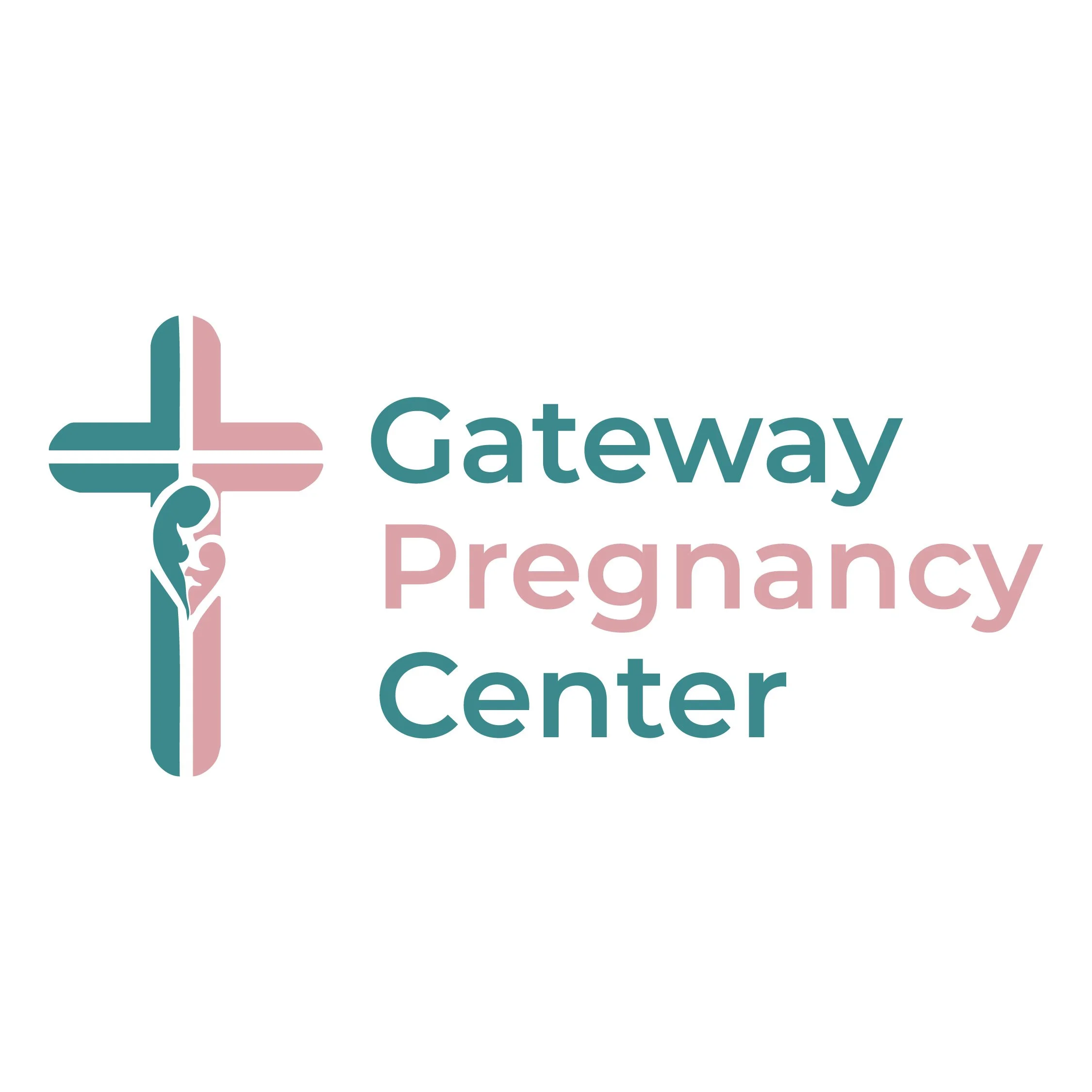 Logo for Gateway Pregnancy Center featuring a pink and teal cross with a silhouette of a pregnant woman and the text 'Gateway Pregnancy Center'.