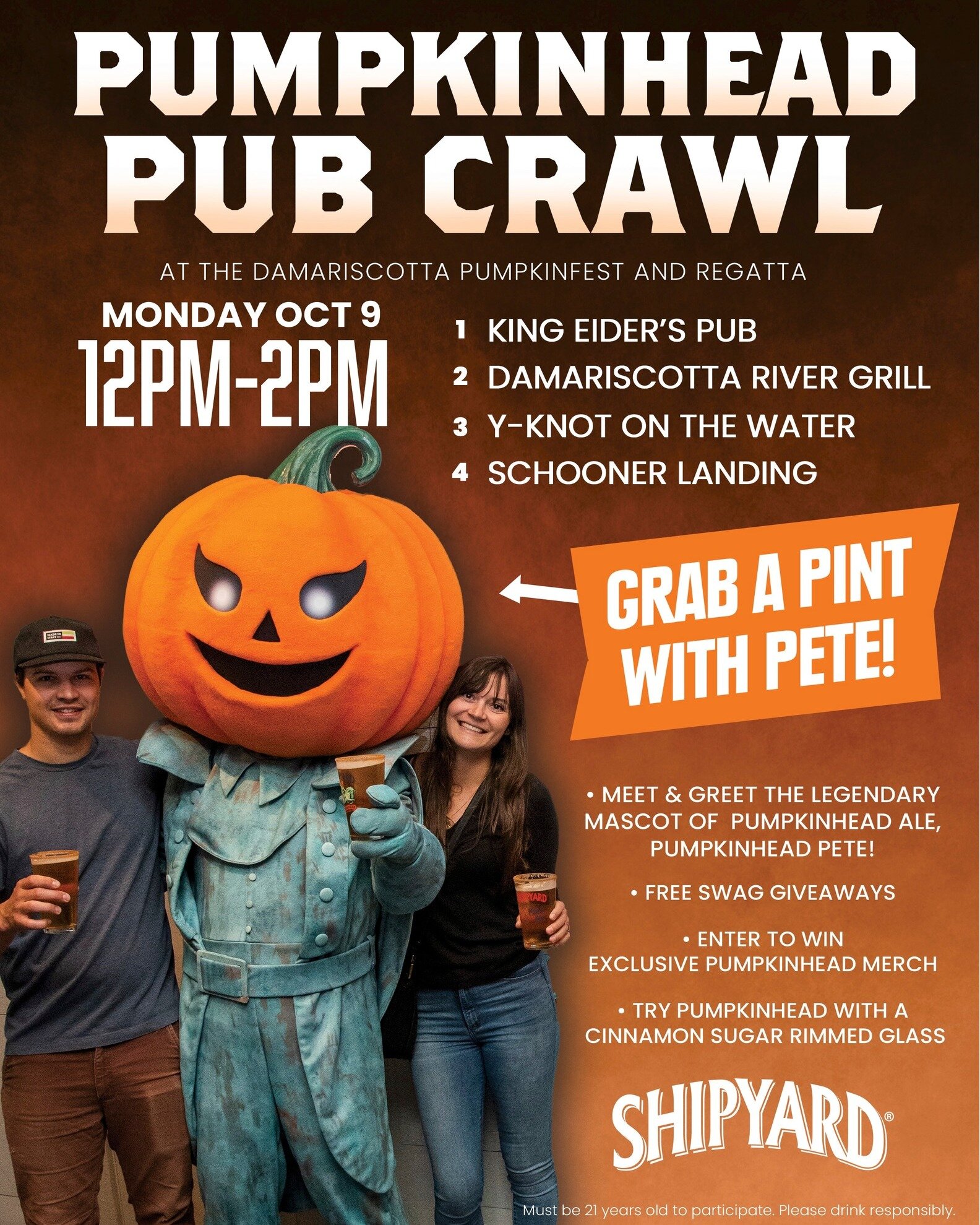 Our new sponsor, Shipyard, is throwing a Monday party (why not?) for you who like to crawl...from establishment to establishment, of four of our fun sponsors. See attached map for this scavenger hunt, with Shipyard PUMPKINHEAD beer as the prize!