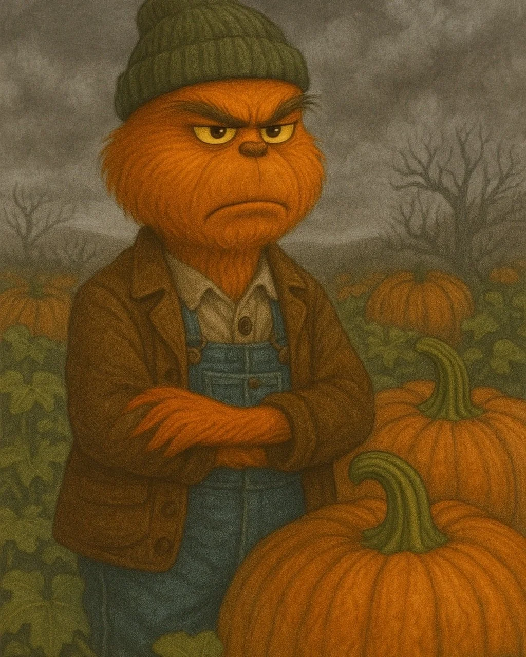 The Pumpkin Grinch of Damariscotta
&mdash;A Halloween Tale&mdash;

High on Pumpkin Ridge, where sea fog curls through bare branches and the wind moans like an old fiddle, lived a strange, orange-furred creature the townsfolk called the Pumpkin Grinch
