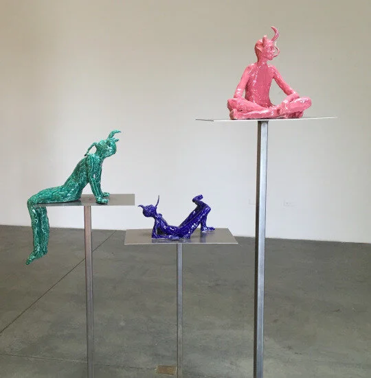 LITTLE DEMONS. Glazed ceramics on steel pedestals. Approx 13 x 12 x 10 in.