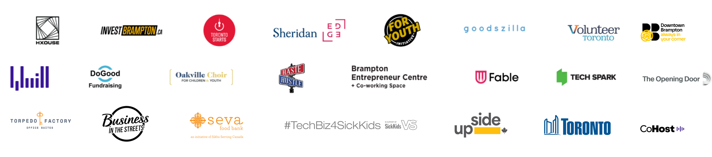 A collection of logos representing various organizations and initiatives, arranged in four rows.