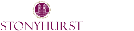 The Stonyhurst College crest with a purple and white shield and the words 'STONYHURST' in purple below.