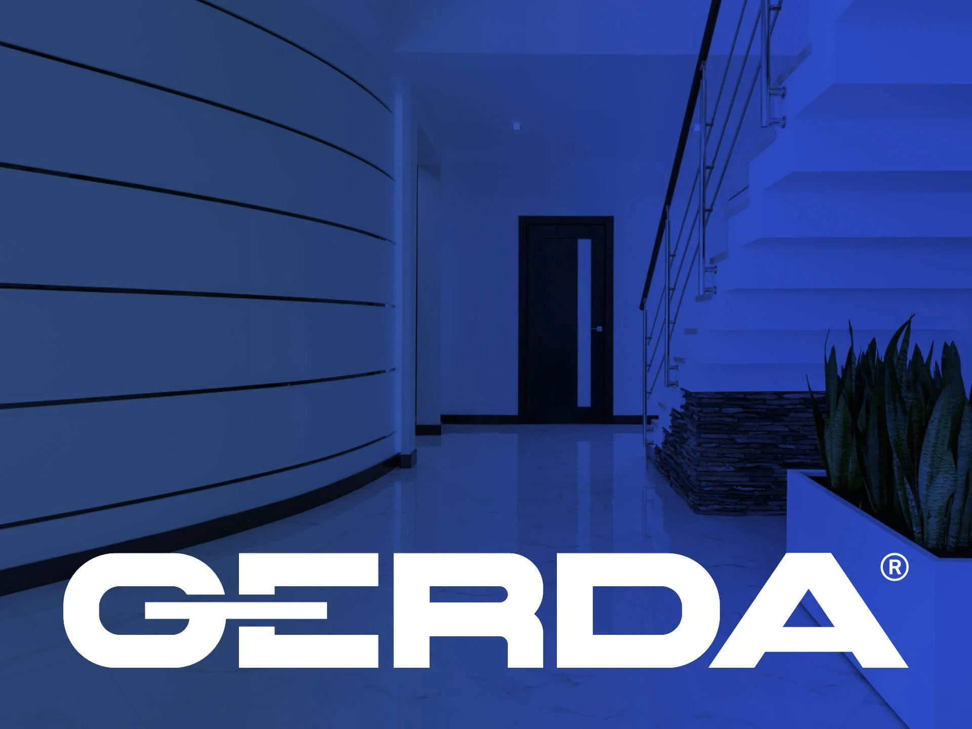 Modern interior hallway with curved wall panels, a staircase, a door, and a plant, illuminated with blue lighting, with GERDA logo at the bottom.