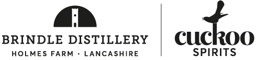 Logo of Brindle Distillery Holmes Farm Lancashire and Cuckoo Spirits, with a black semi circle and church tower and a bird in flight.