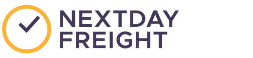 Nextday Freight logo with purple text and a check mark inside a yellow circle.