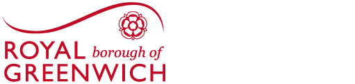Logo of Royal Borough of Greenwich with red text and emblem on a black background.