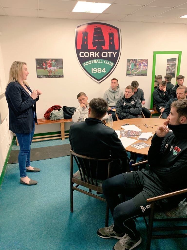 Dr. Emma Burrows discussing life after sport with Cork City FC in 2019 | Emma Burrows
