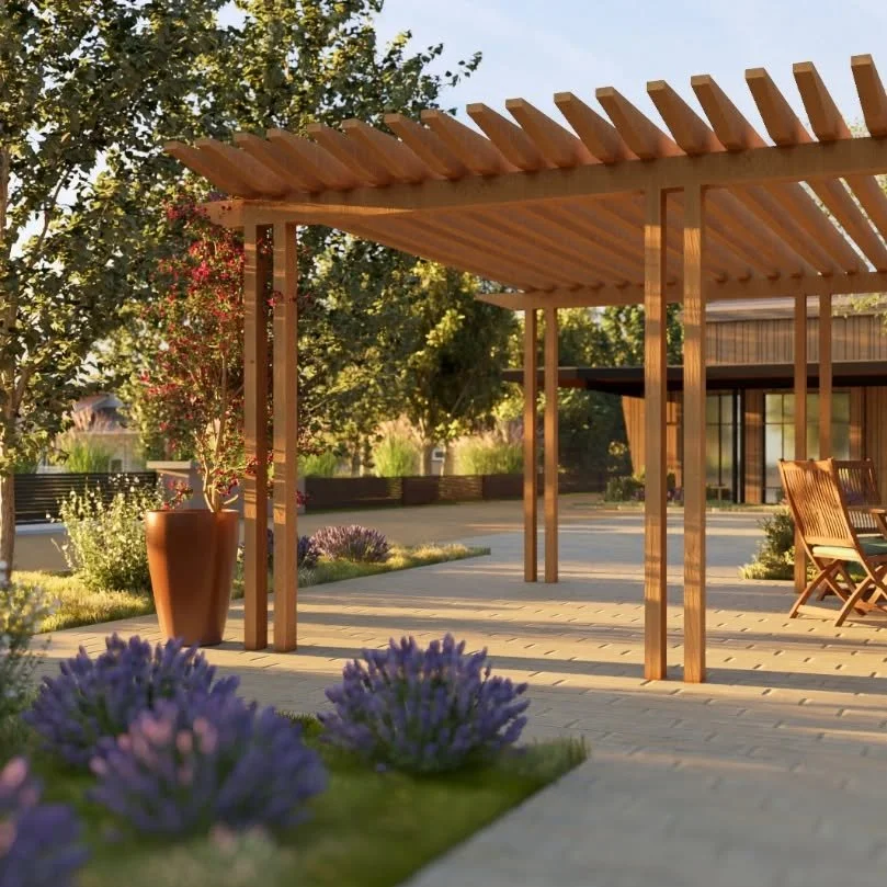 Good architecture begeats good architecture...
Inspired by the modern take on this winery building we strived to create a design language that both complemented and extended those ideas into the landscape. 
Sense of place = Long term Memory