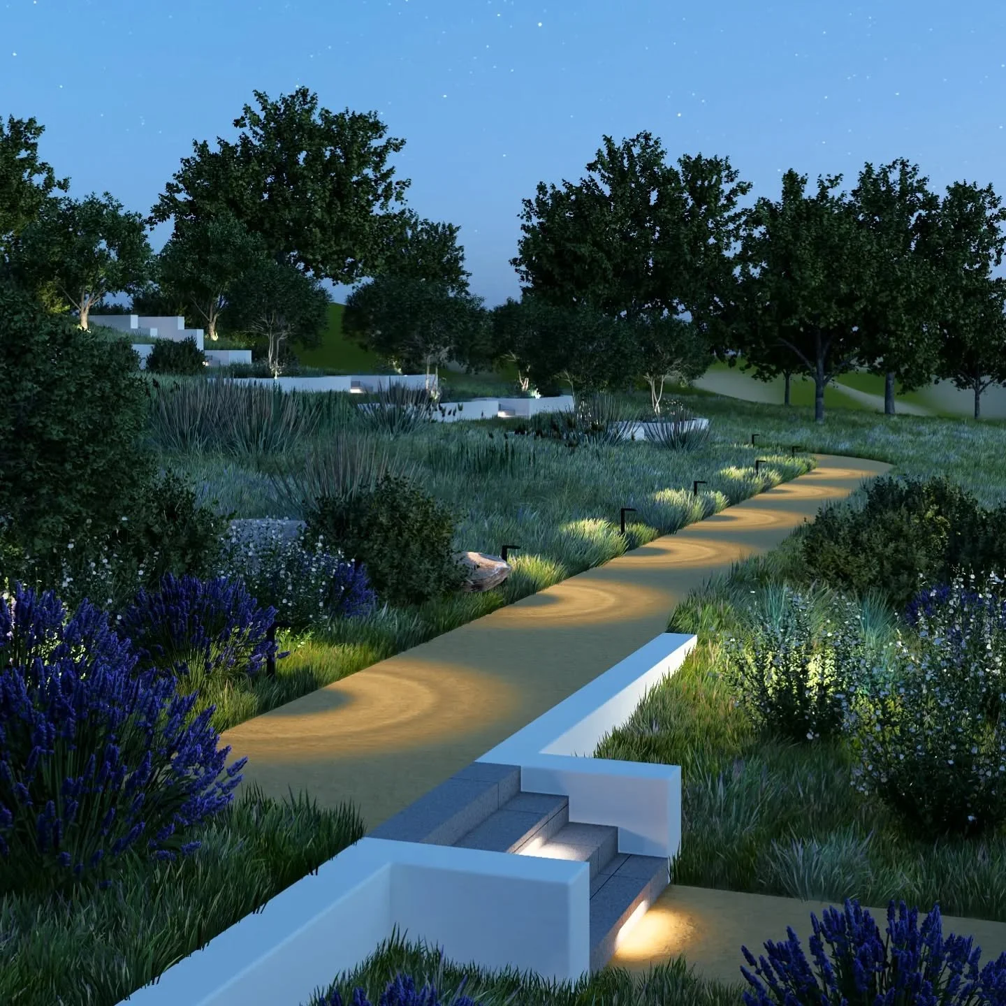 Nighttime Stroll Anyone? 
This new connection for our clients between their home and barn will serve many functions.
The intent of the grading design is to minimize impact while still maximizing a sense of arrival and connection with the larger sit