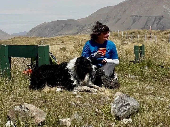 Wind-swept Shanti and Shaz enjoying a second lunch stop on our 27.7km Mystery lake loop on Sunday, 29th December 2019.  Photo credit: Mirjam Horsburgh.