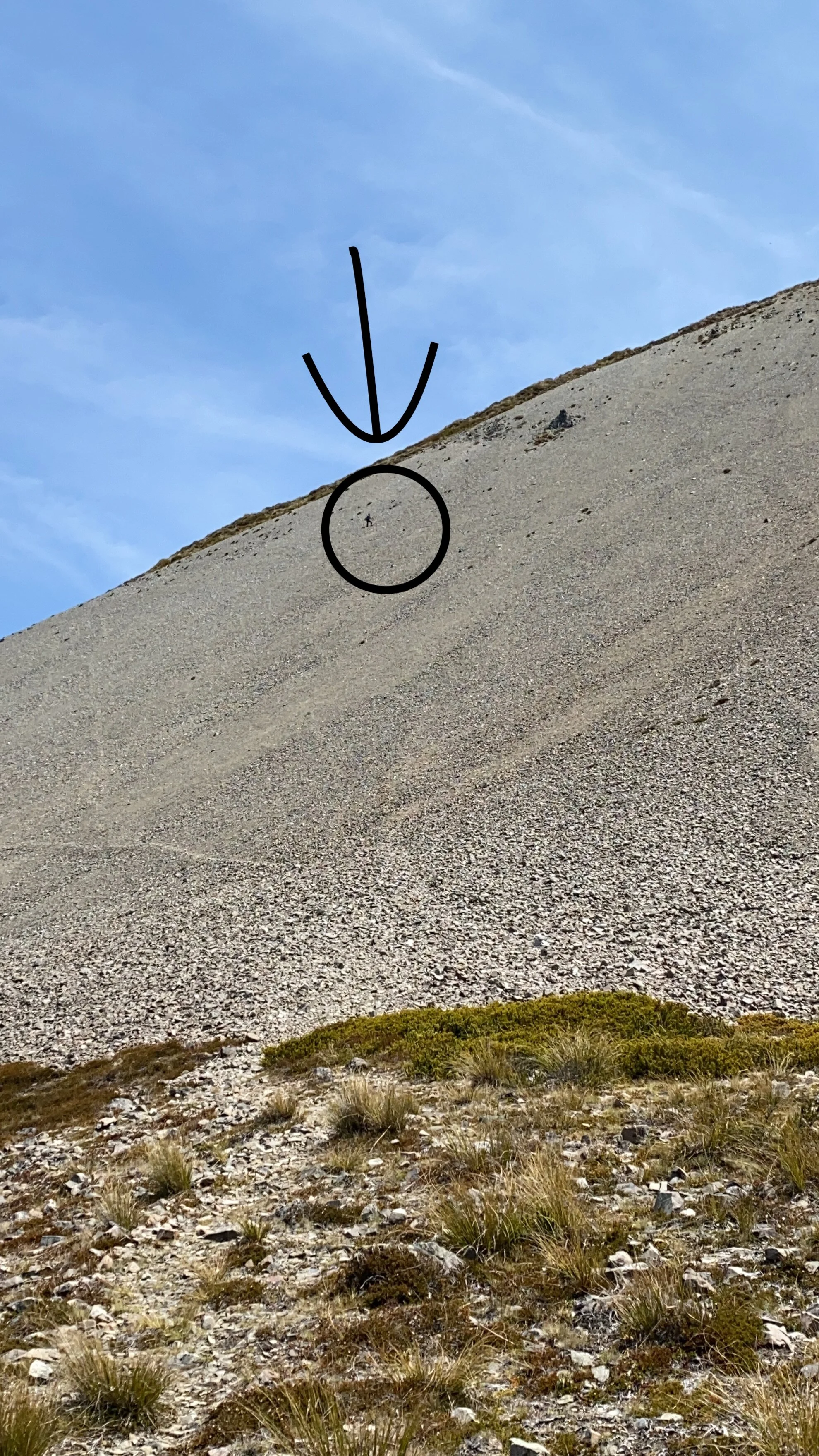 The scree slope in perspective - that’s Liz in the circle added to the photo.