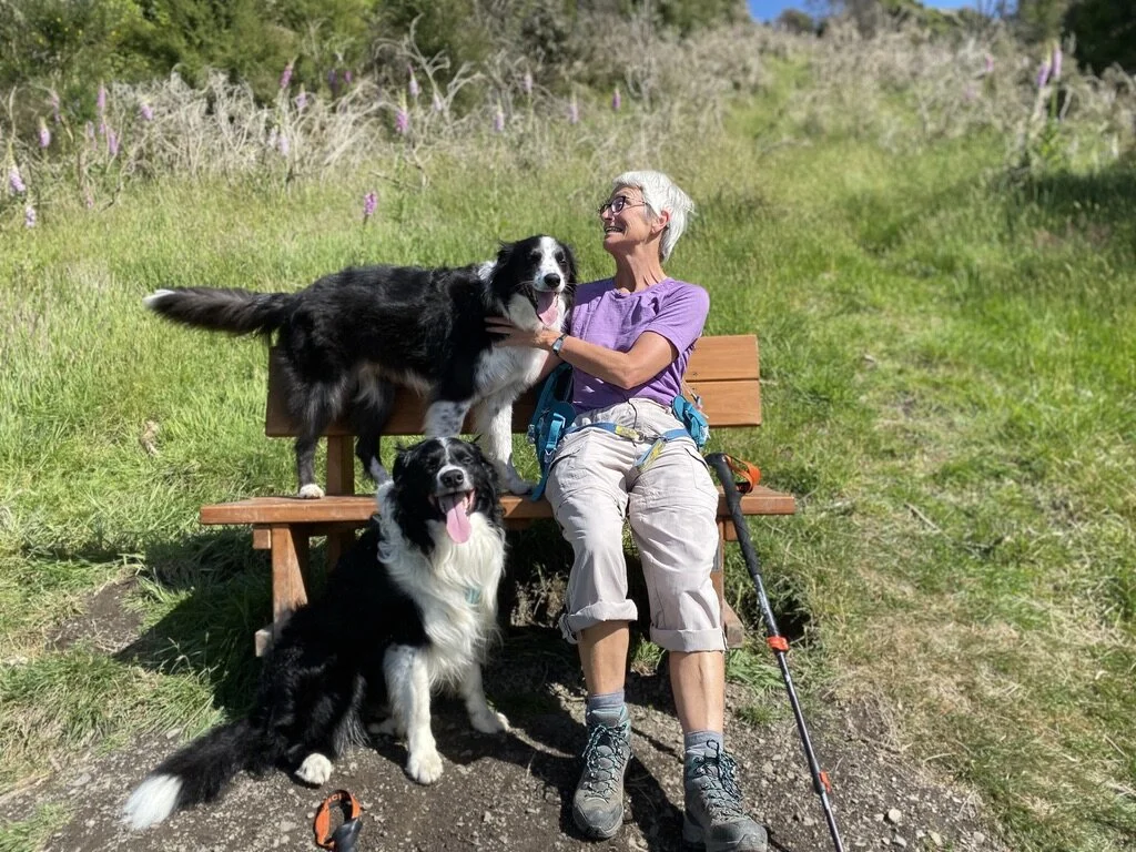 It was just Scruff and me on this trip, with our humans. That’s Scruff’s Mum, Mirjam. We’d come out of the forest section and arrived at the bench. The views are pretty good from here too. Then you head back into the forest and down to the waterfall.