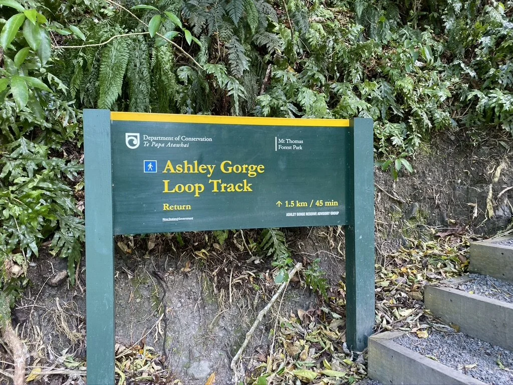This is the only sign at the start of the track. The Waterfall Track goes off the loop track and has a sign to let you know where to head up.