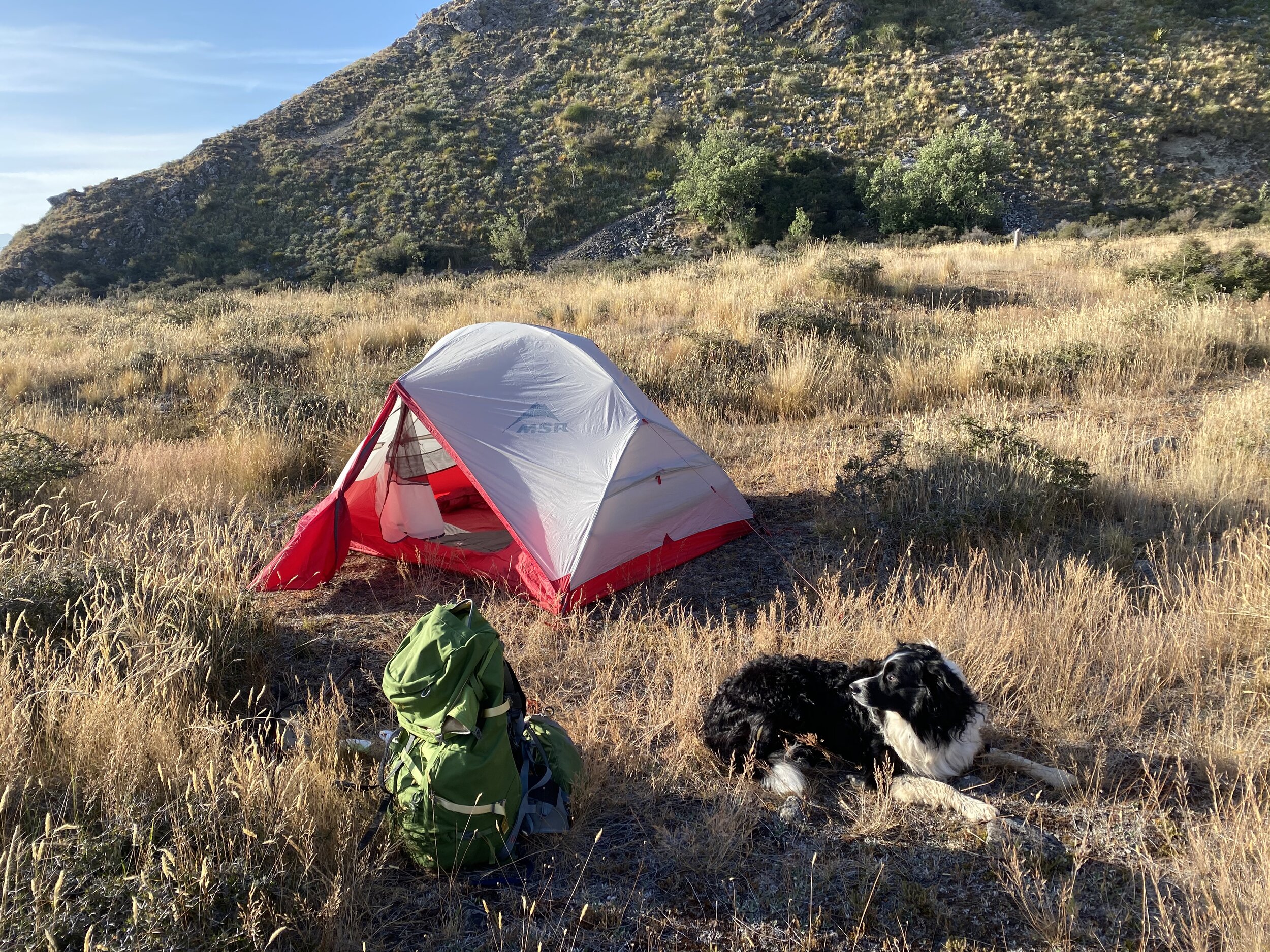 There were no flat spots around the hut so we found a flat area to camp near the turnoff to the hut