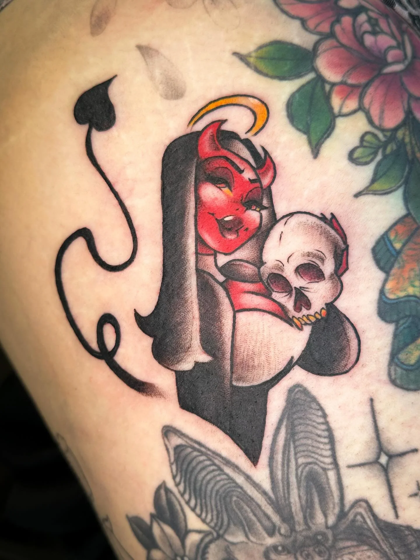 She&rsquo;s a saint, she&rsquo;s a devil 😈 
I&rsquo;m booking January, February and March! Dm or fill the form on my website! 
📍@opheliatatouage 
💌BOOKING ALWAYS OPEN💌 
Currently booking : 
DM &bull; EMAIL &bull; FORM 
🪬Link in bio to see all my