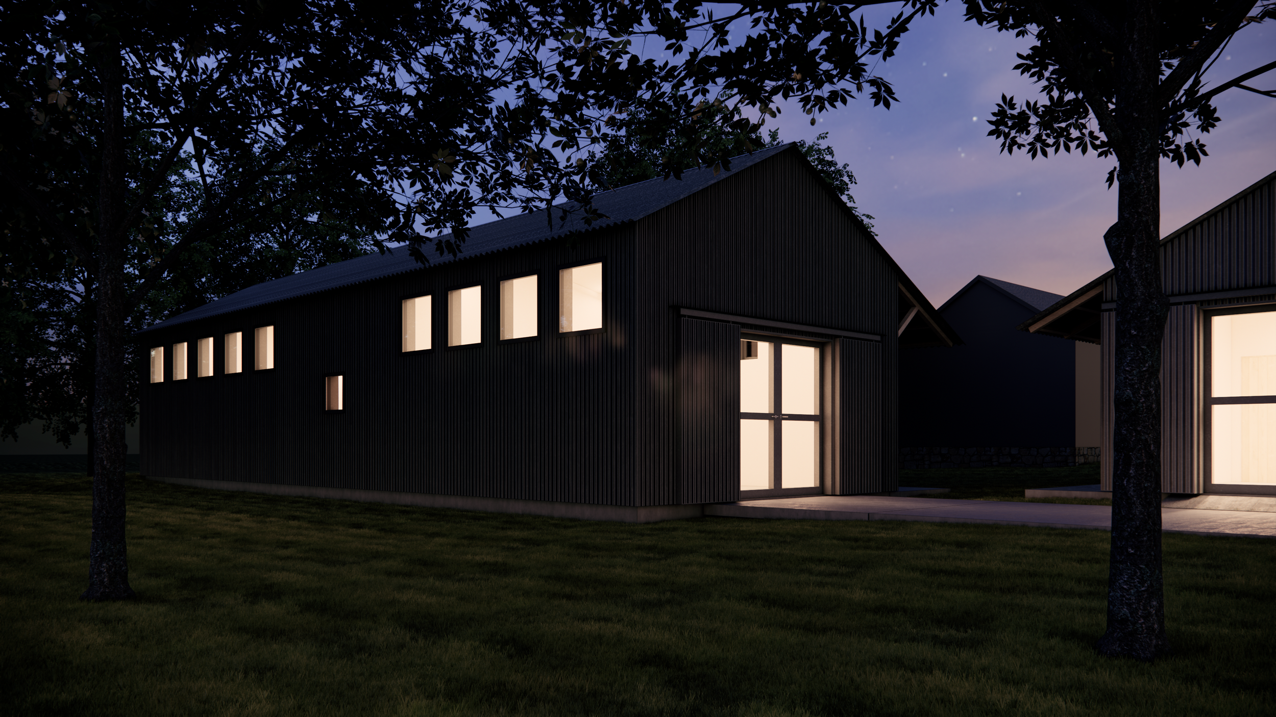 Artist studio building at night