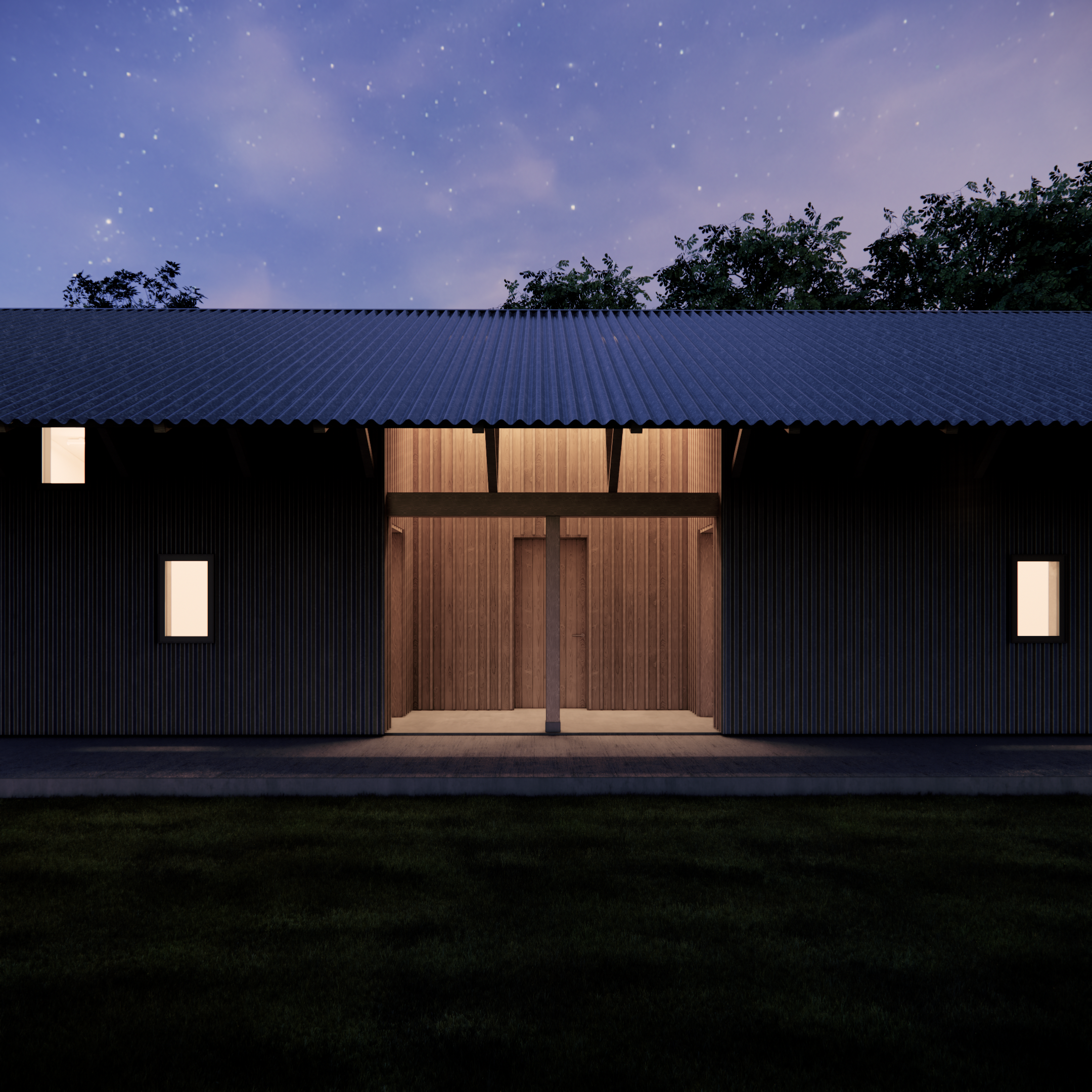 Artist studio building at night