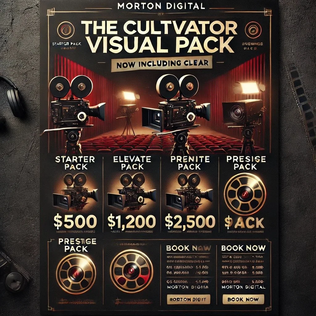 Poster for Morton Digital's The Cultivator Visual Pack, featuring camera packages with prices: Starter Pack $500, Elevate Pack $1,200, Prente Pack $2,500, and Prestige Pack. The poster has a film reel design and images of cameras, with a theater setting in the background.