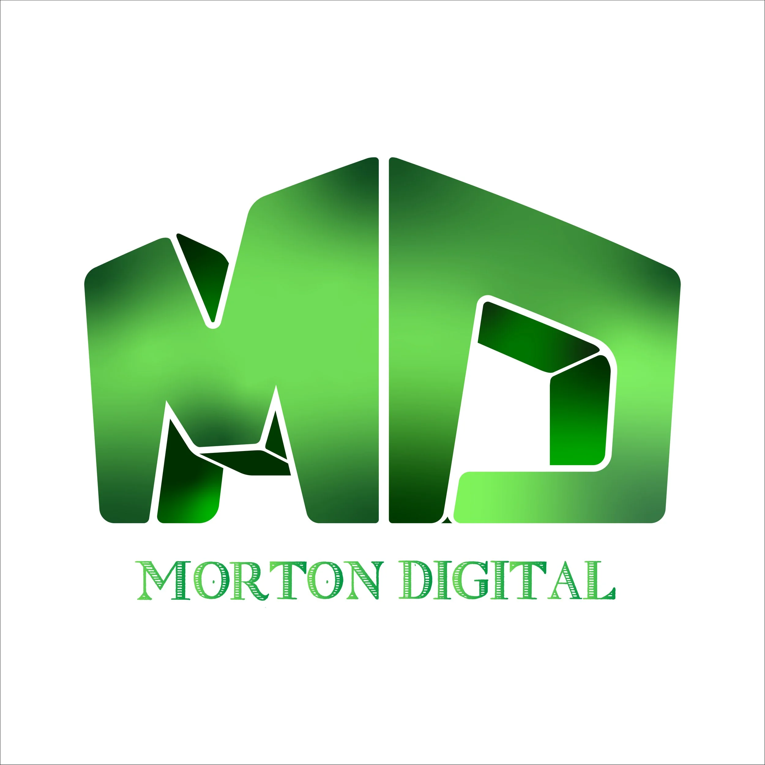 Logo for Morton Digital featuring stylized green 3D letters M and D with the company name below in green text.
