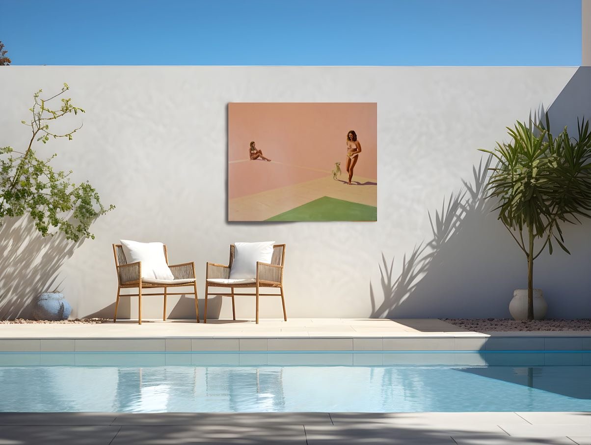 🌸 Gentle Moments
Oil on linen

This piece came from a quiet afternoon&mdash;Mia with Polo on one side of the pool, Lily sitting on the other. Not much happening, just a stretch of calm between them, with the water holding that stillness in place.

T