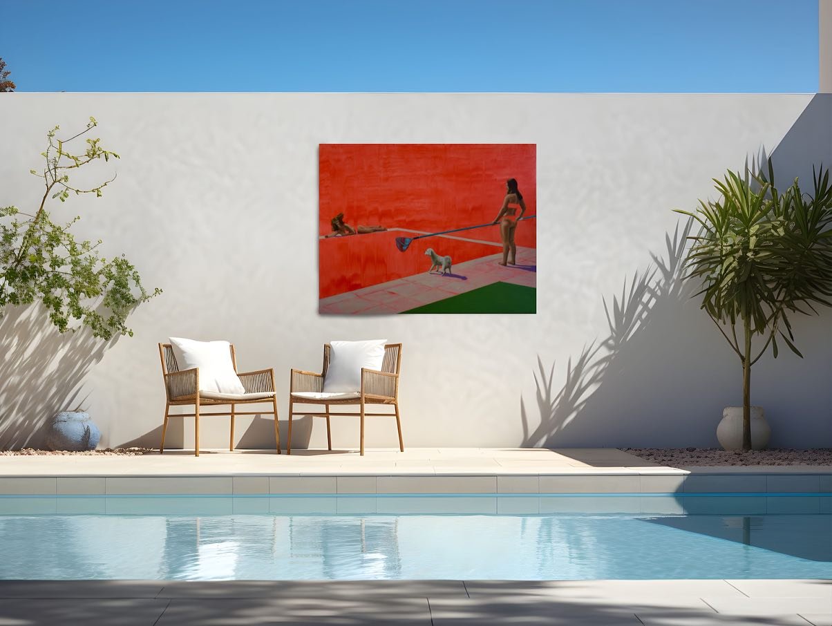 💗 Playful Games
Oil on linen

There&rsquo;s a particular kind of energy that happens around the pool&mdash;half play, half distraction, and always a bit of negotiation. Playful Games captures one of those afternoons. Mia was dragging the pool cleane