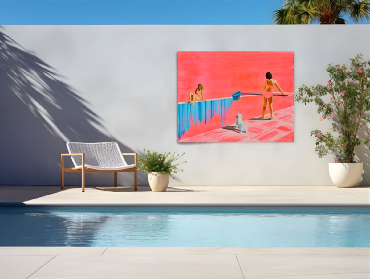💗 Joy in Repetition
Oil on linen

This piece is all about those small rituals that play out again and again&mdash;Mia with the pool net, trying to scoop out Polo&rsquo;s ball, while he waits (im)patiently by her side. On the other side, Lily&rsquo;s