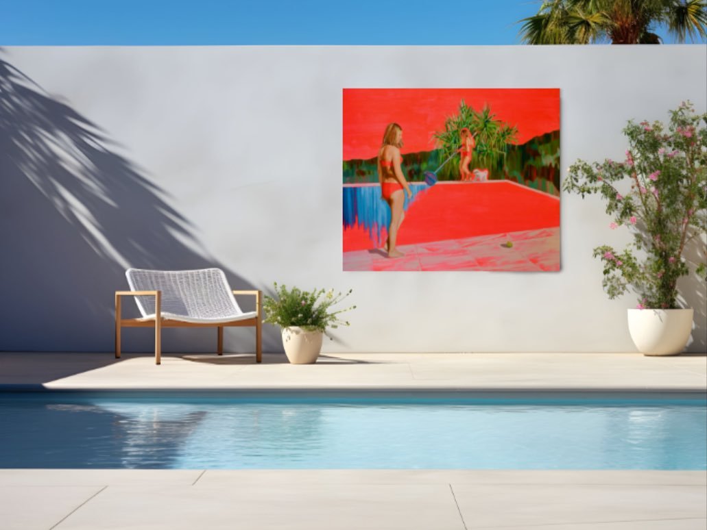 💗 Oops I Did It Again
Oil on linen

This painting came from a moment I&rsquo;ve seen unfold a hundred times&mdash;Polo&rsquo;s ball ends up in the pool (again), Mia&rsquo;s trying to fish it out (again), and Polo is supervising very seriously from t