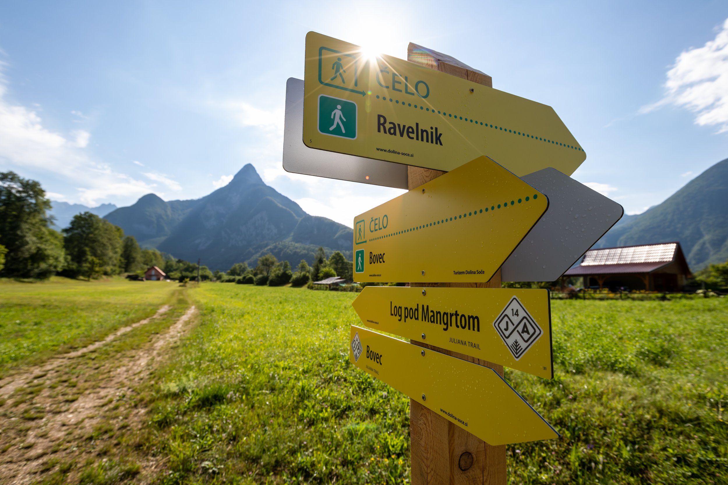 _A signpost on Stage 14 of the Juliana, just outside the ski town of Bovec. Mt. Svinjak_s iconic pyramidal summit rises in the background.jpg PHOTO_ Mitja Sodja.jpg