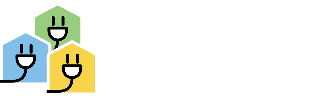 Colourful houses with simple plug illustrations.