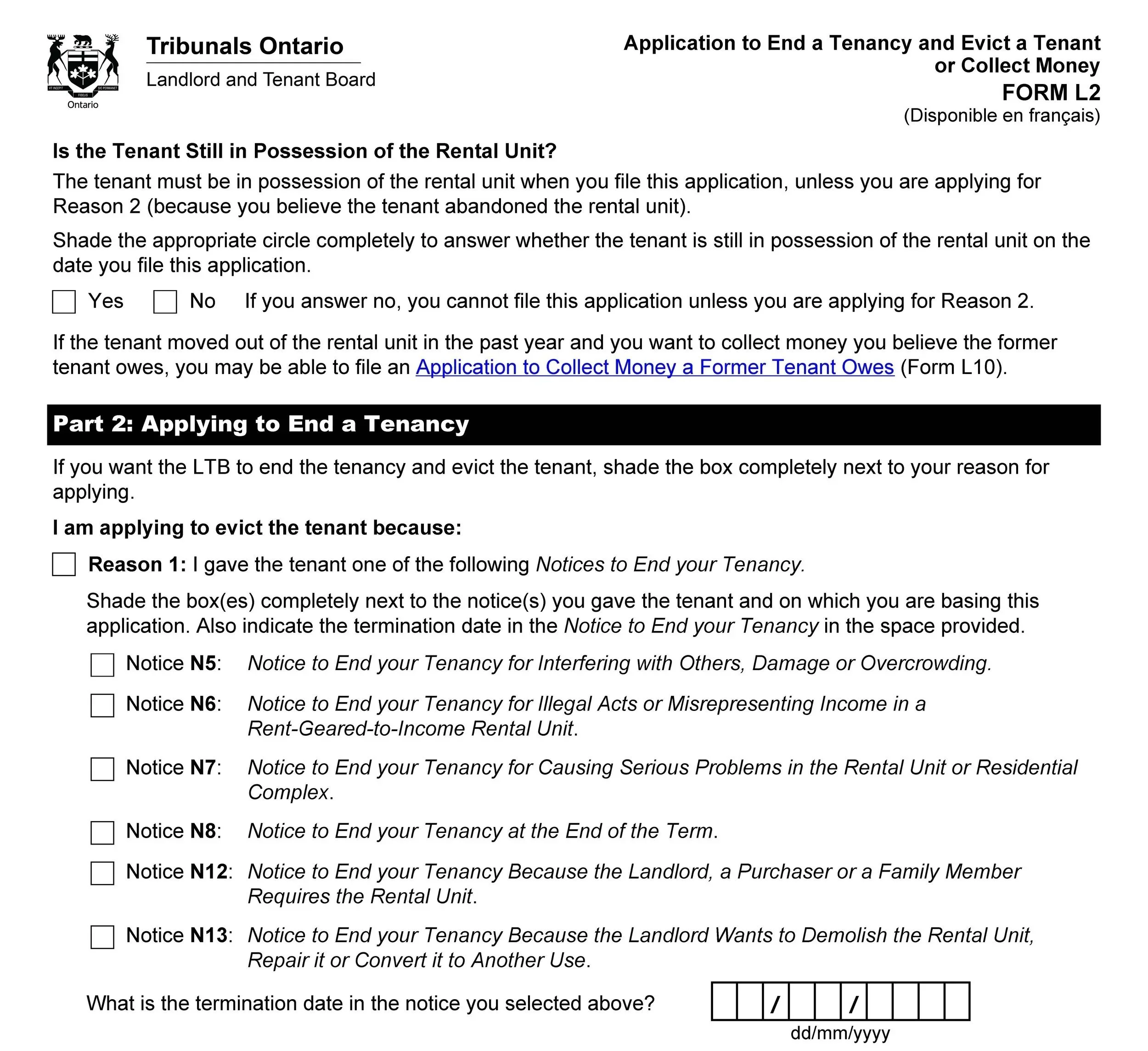 Excerpt of an Ontario LTB L2 application form.