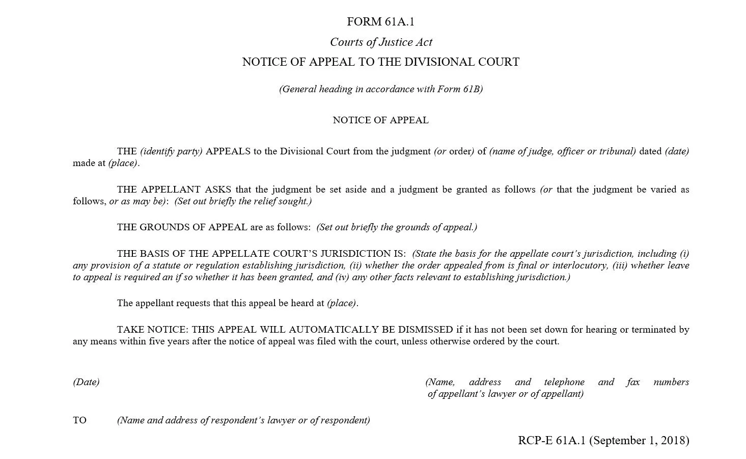 Notice of Appeal form template.