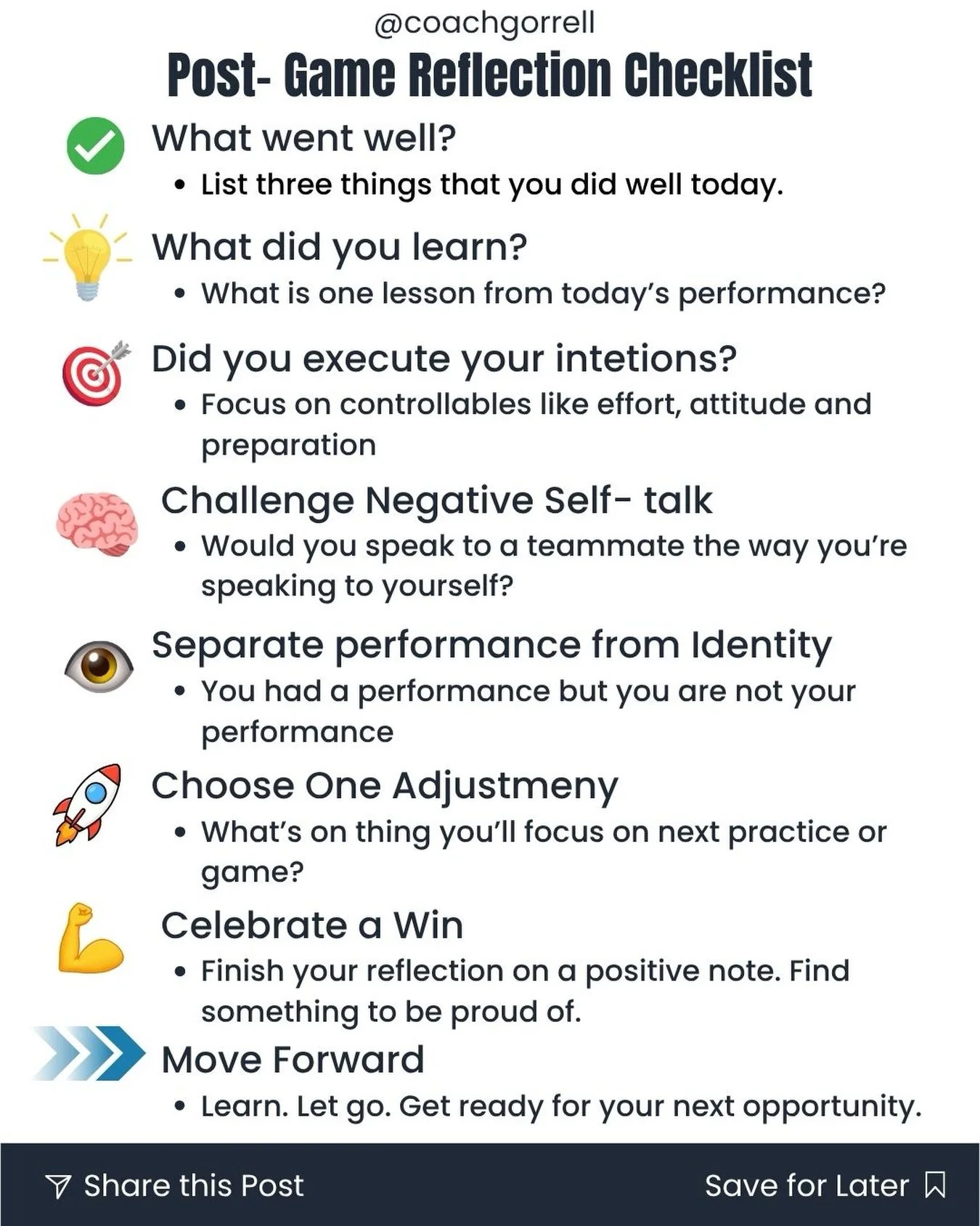 Most athletes spend more time replaying mistakes than learning from them.

The best athletes don&rsquo;t just move on from performances&mdash;they reflect on them intentionally.

After your next game, match, race, or competition, take 5 minutes to wo