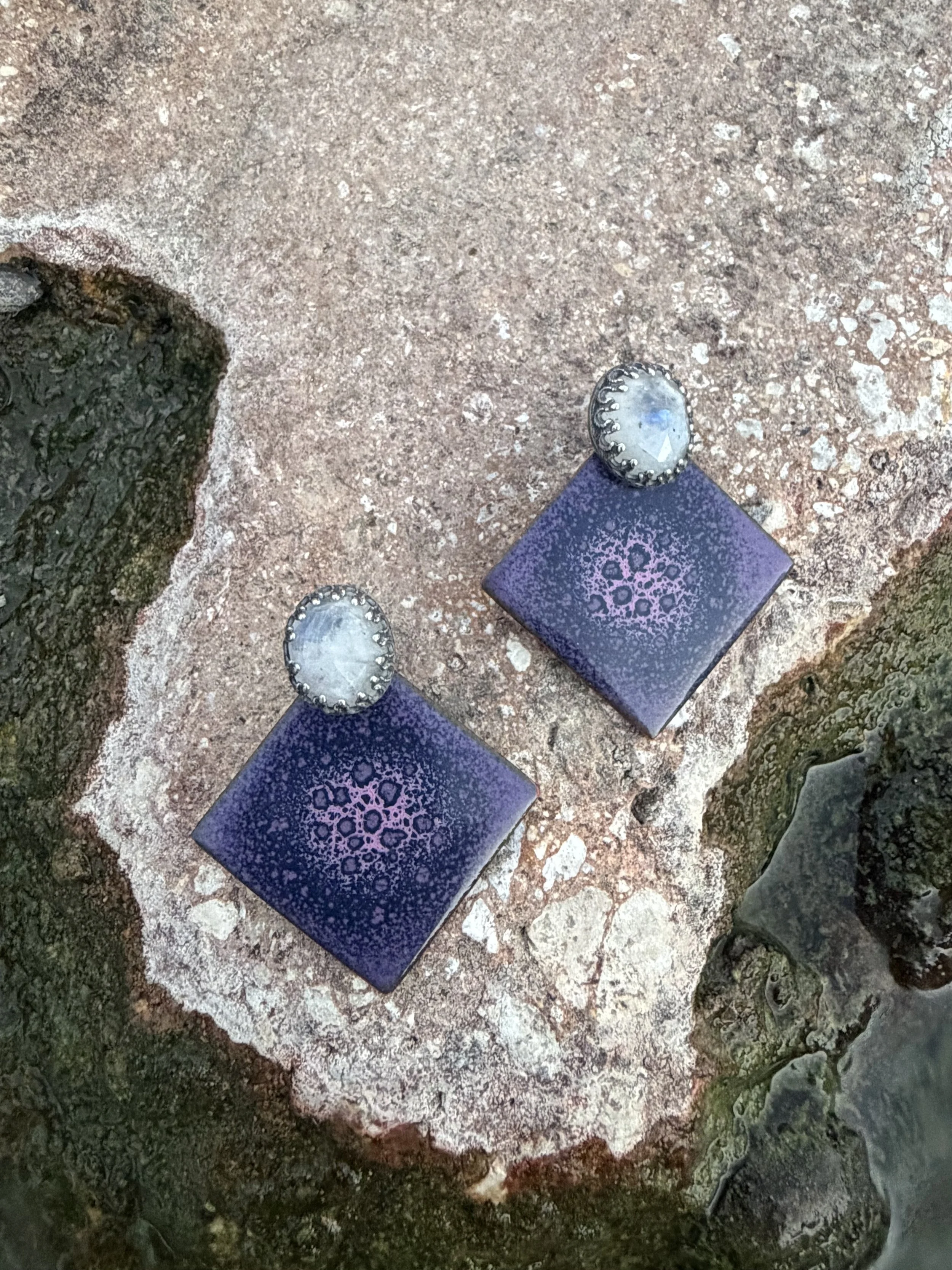 Moonstones Over Abstract Diamonds Reversible Earrings