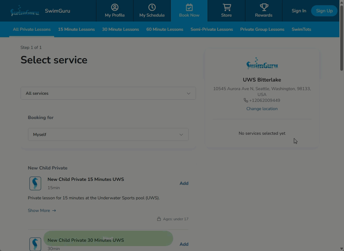 GIF showing the steps to see available time on the schedule without logging in with an account.