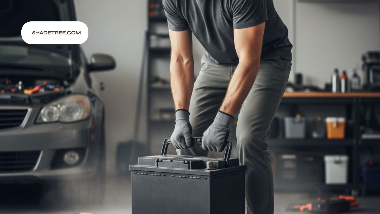 A mechanic lifting a battery – how much does a car battery weigh