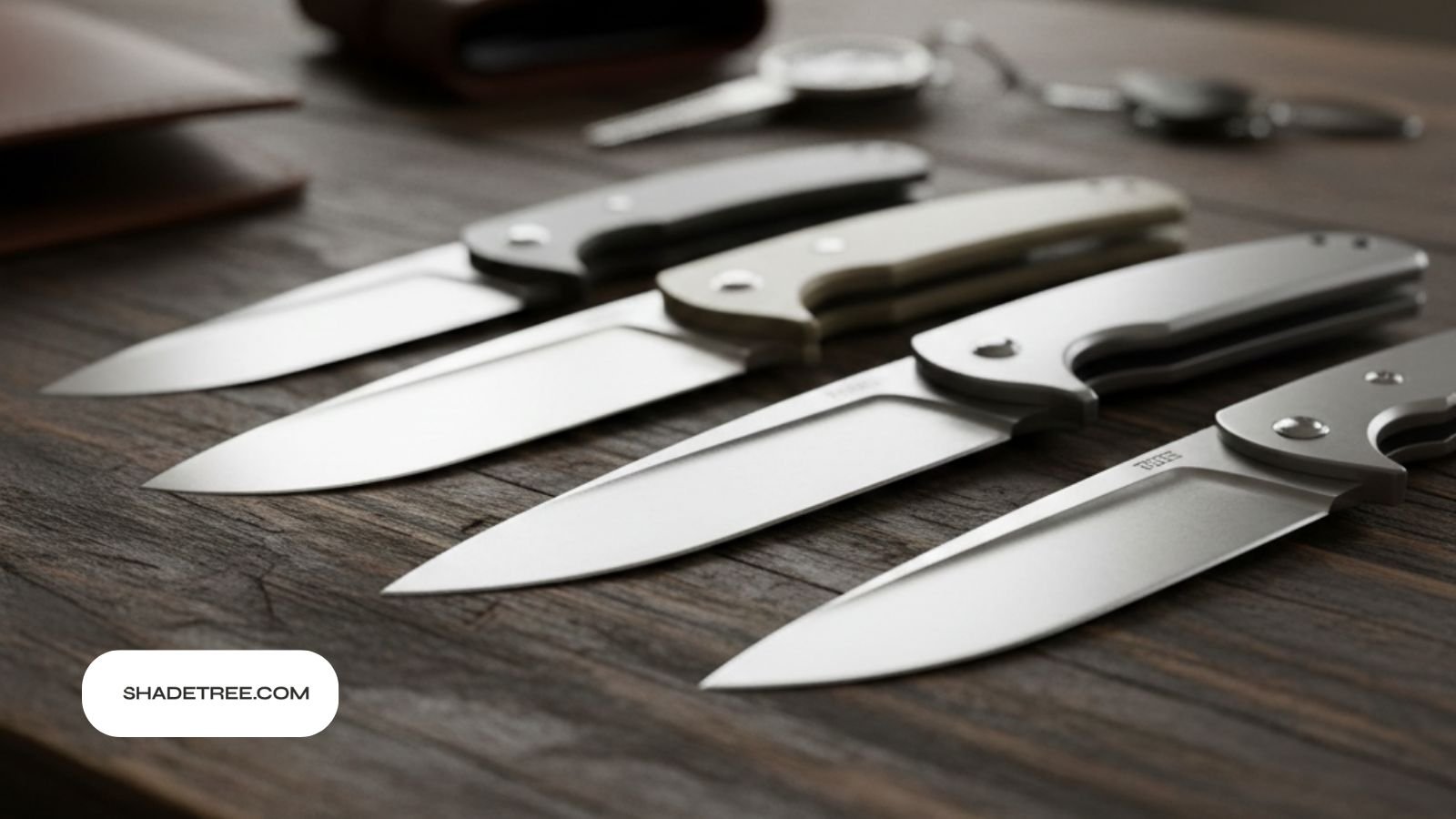 What is an edc knife shown in lineup of folding blades on wood table