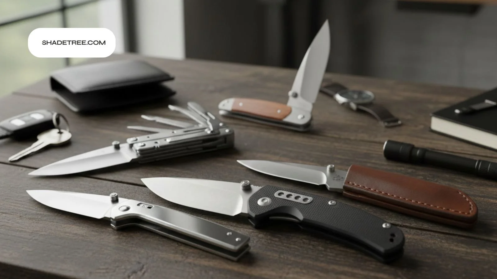 What is an edc knife featured among multitool keys wallet on desk